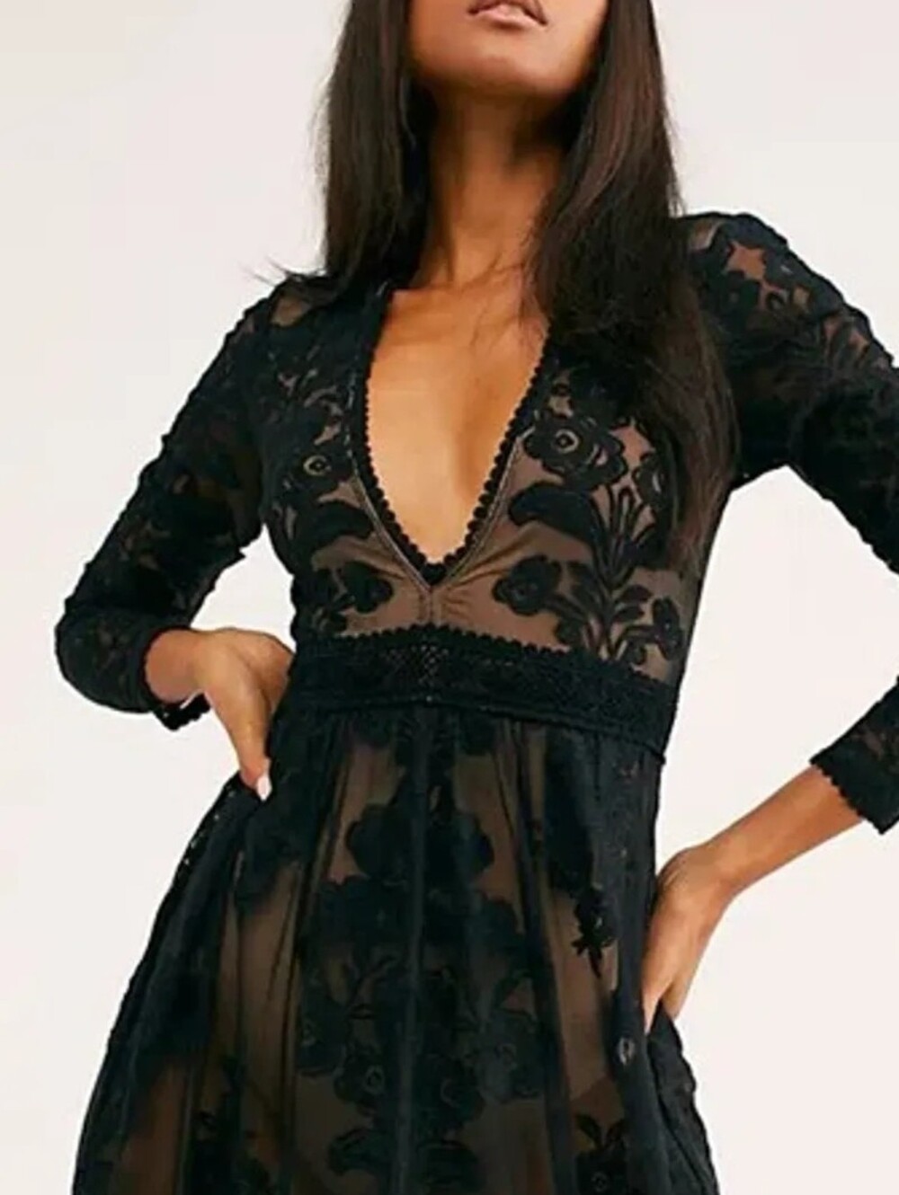 Temecula Sheer Black Floral Lace Dress - Elegant Deep V